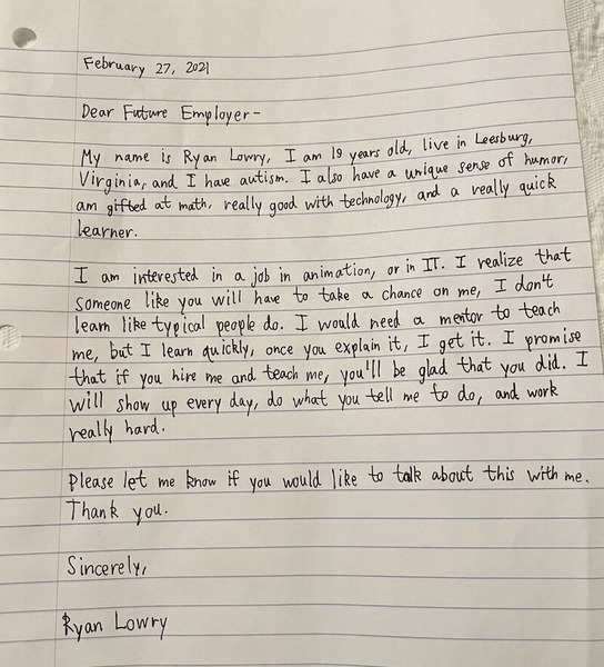 Image of Ryan Lowry's handwritten cover letter. 
