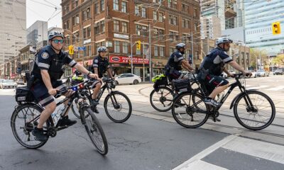 Bicycle police patrol the streets in Toronto.