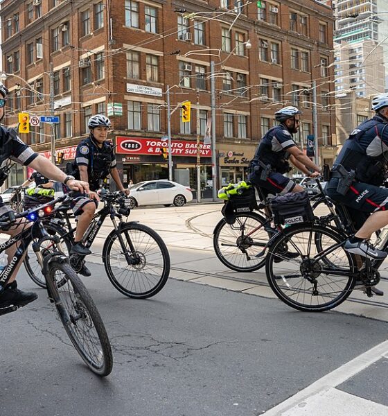 Bicycle police patrol the streets in Toronto.